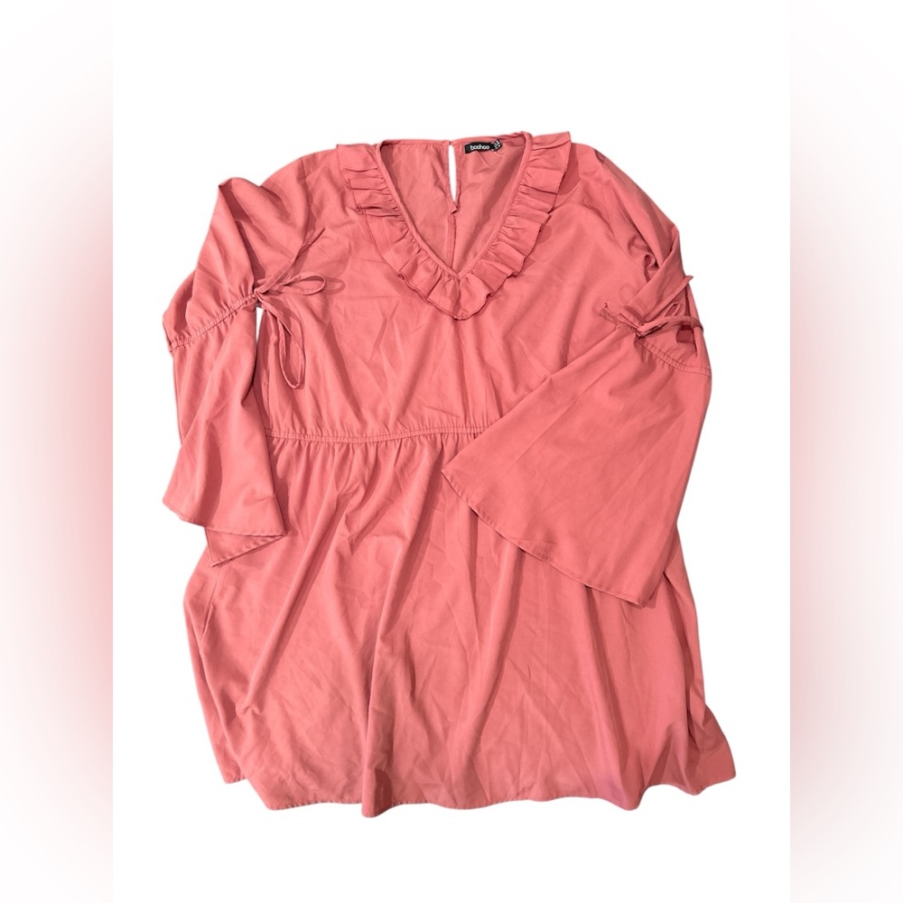 Boohoo Coral Ruffle V-Neck Dress